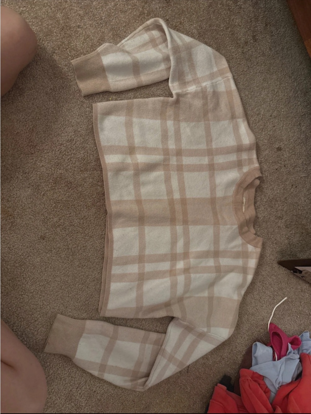 Beige and Cream Plaid Sweater - Brand Not Visible